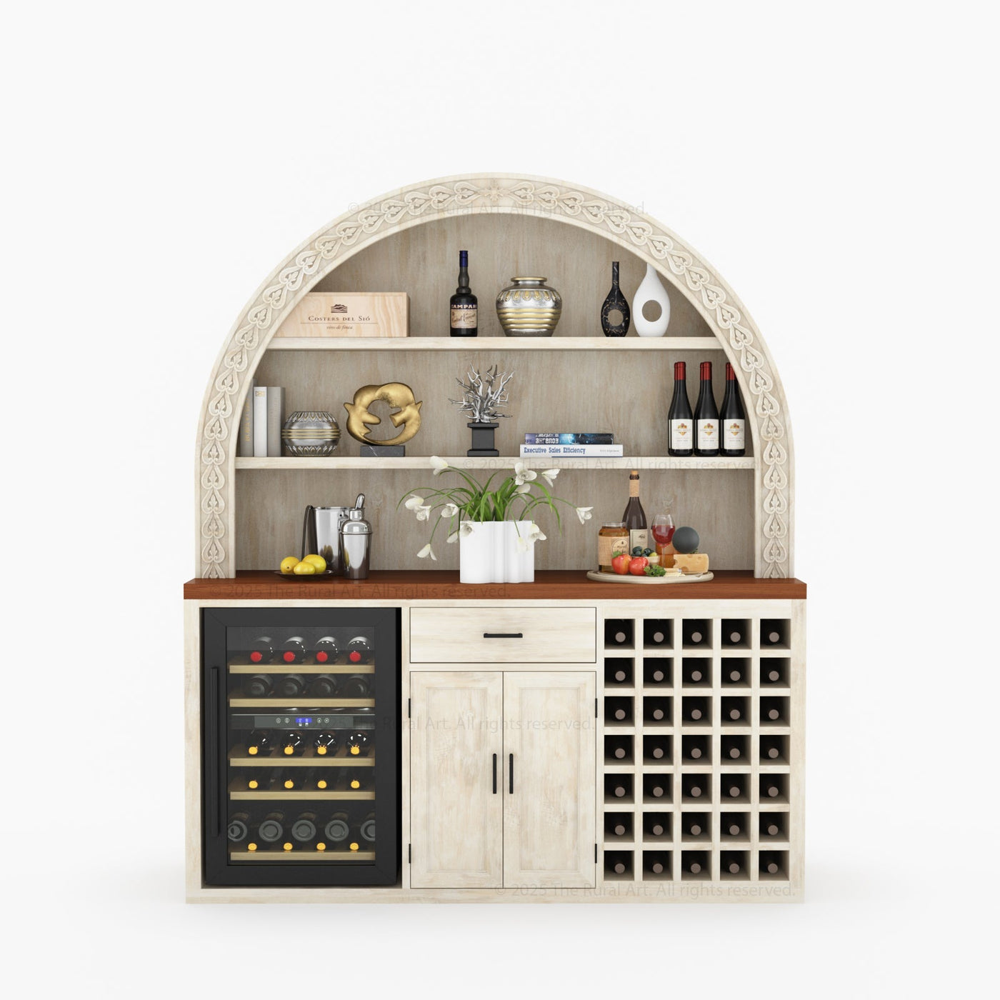 Napa Arched Solid Wood Large Bar Cabinet with Open Shelves and Fridge Space - alternate view