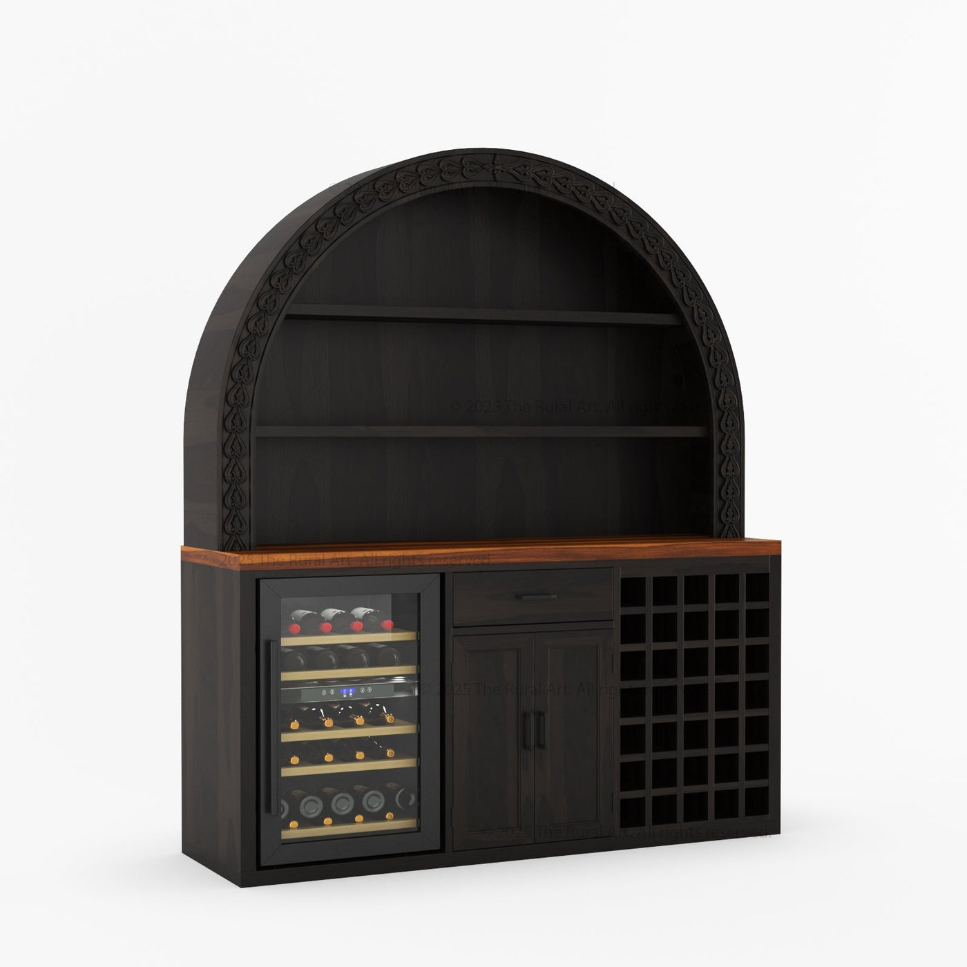 Napa Arched Solid Wood Large Bar Cabinet with Open Shelves and Fridge Space - detail view 6