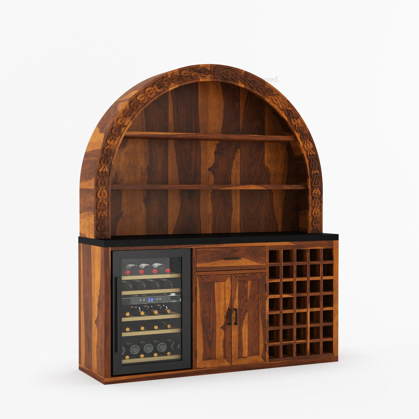 Napa Arched Solid Wood Large Bar Cabinet with Open Shelves and Fridge Space - detail view 7