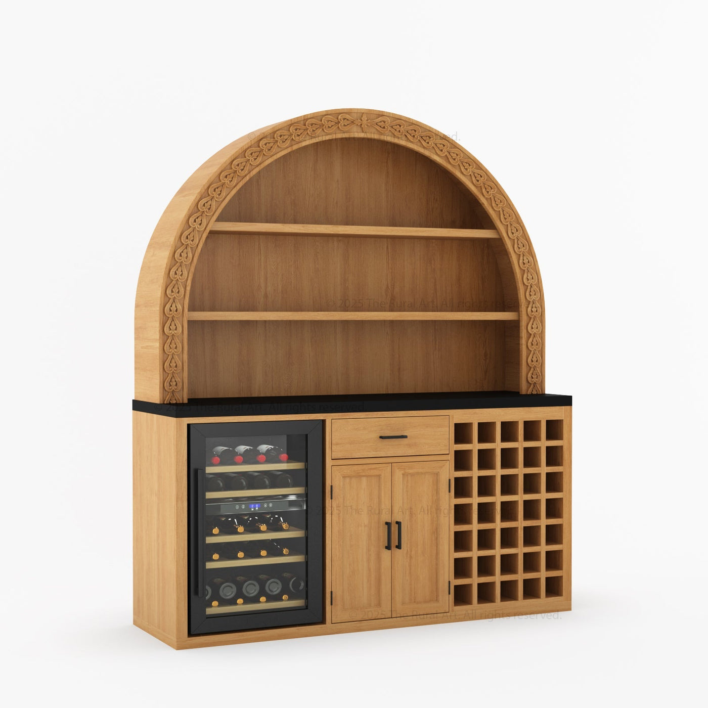 Napa Arched Solid Wood Large Bar Cabinet with Open Shelves and Fridge Space - detail view 8