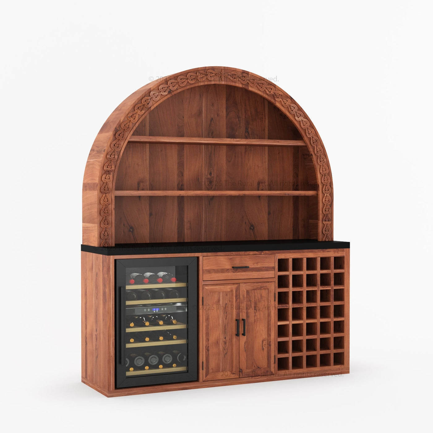 Napa Arched Solid Wood Large Bar Cabinet with Open Shelves and Fridge Space - detail view 9