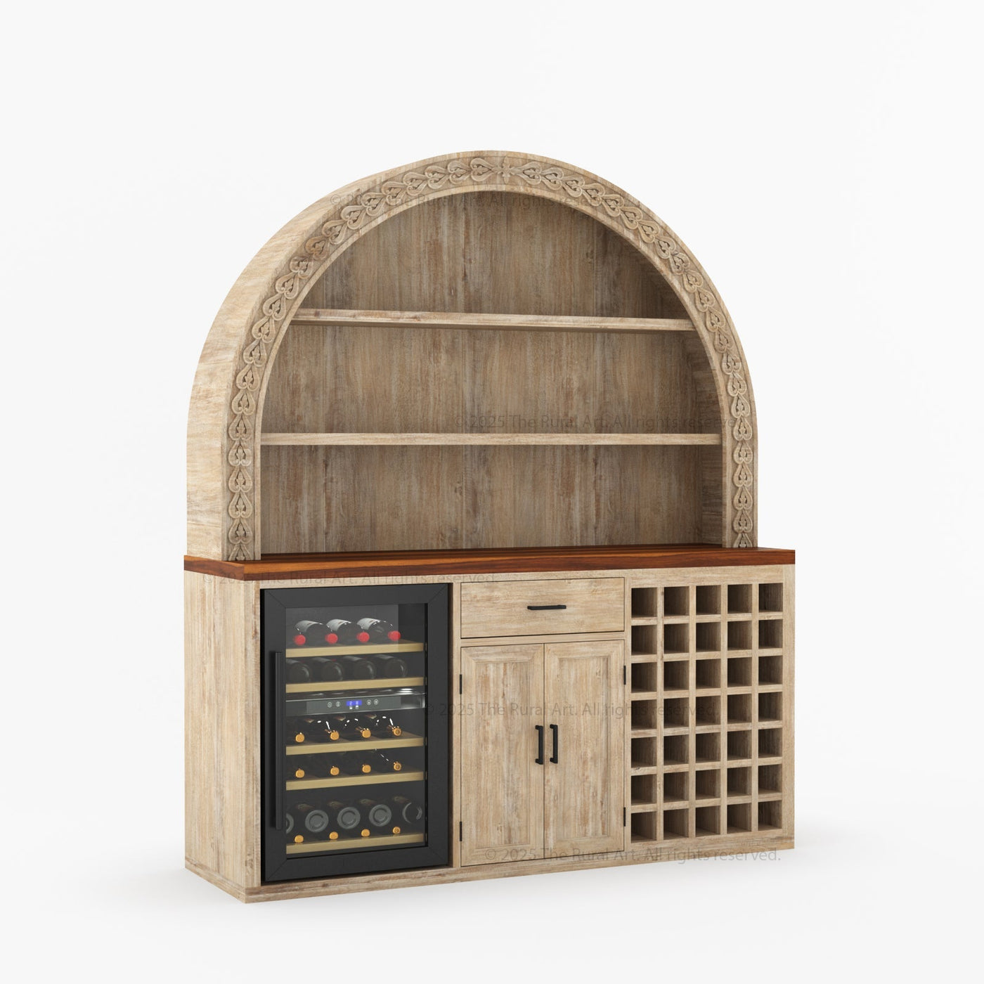 Napa Arched Solid Wood Large Bar Cabinet with Open Shelves and Fridge Space - detail view 10