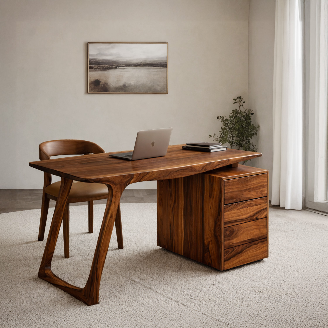 Modern Organic Wood Writing Desk with Storage for Home Office