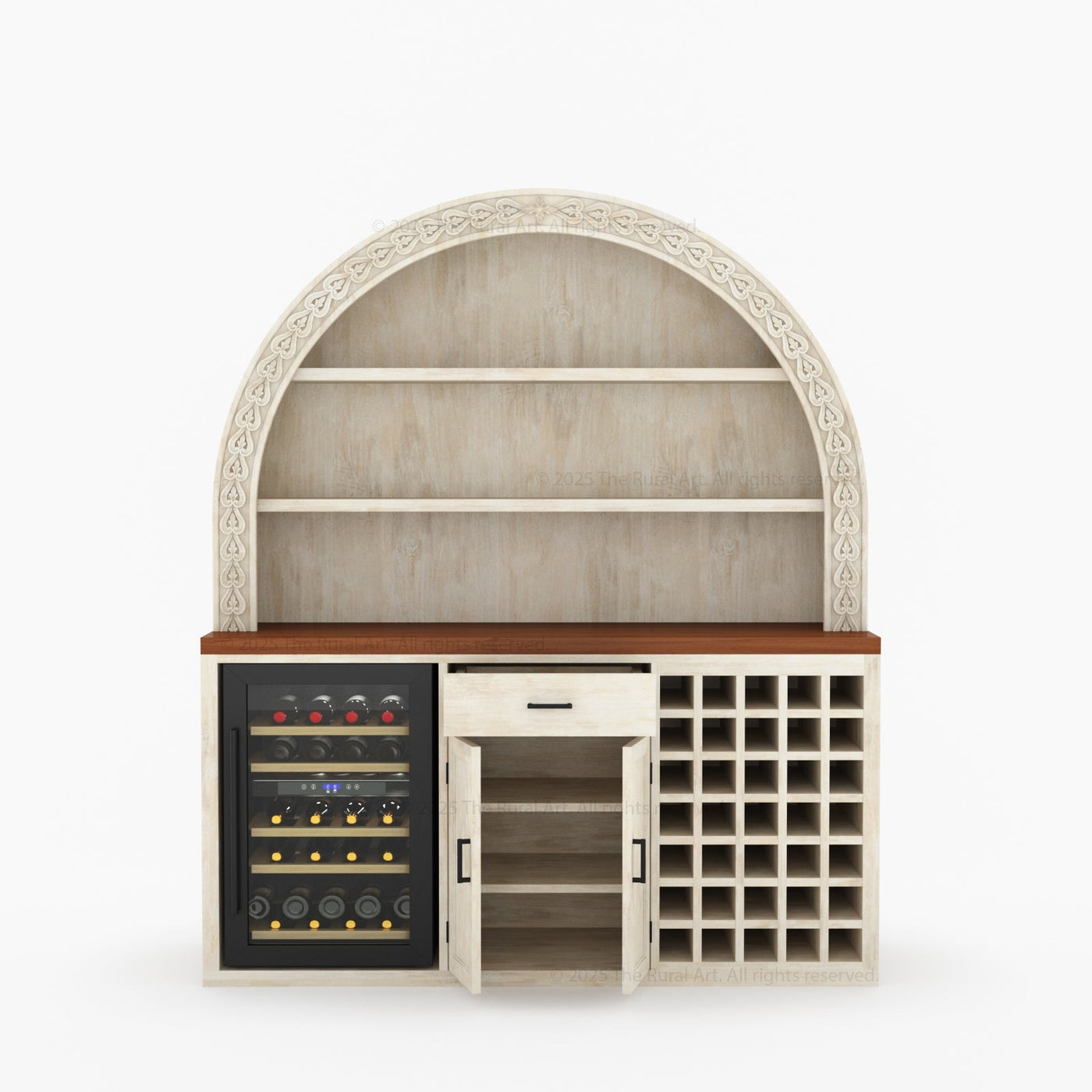 Napa Arched Solid Wood Large Bar Cabinet with Open Shelves and Fridge Space - detail view 12