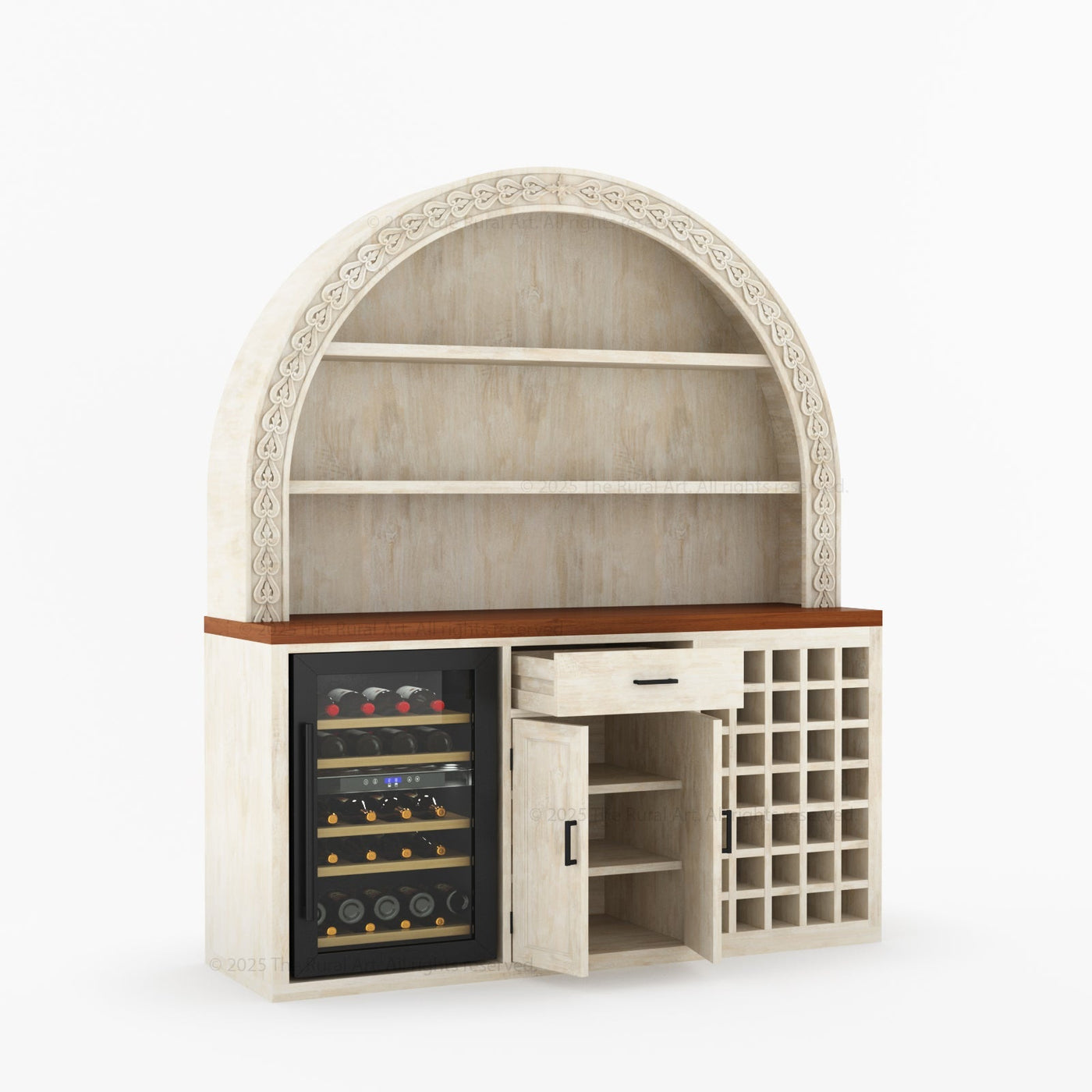 Napa Arched Solid Wood Large Bar Cabinet with Open Shelves and Fridge Space - detail view 13