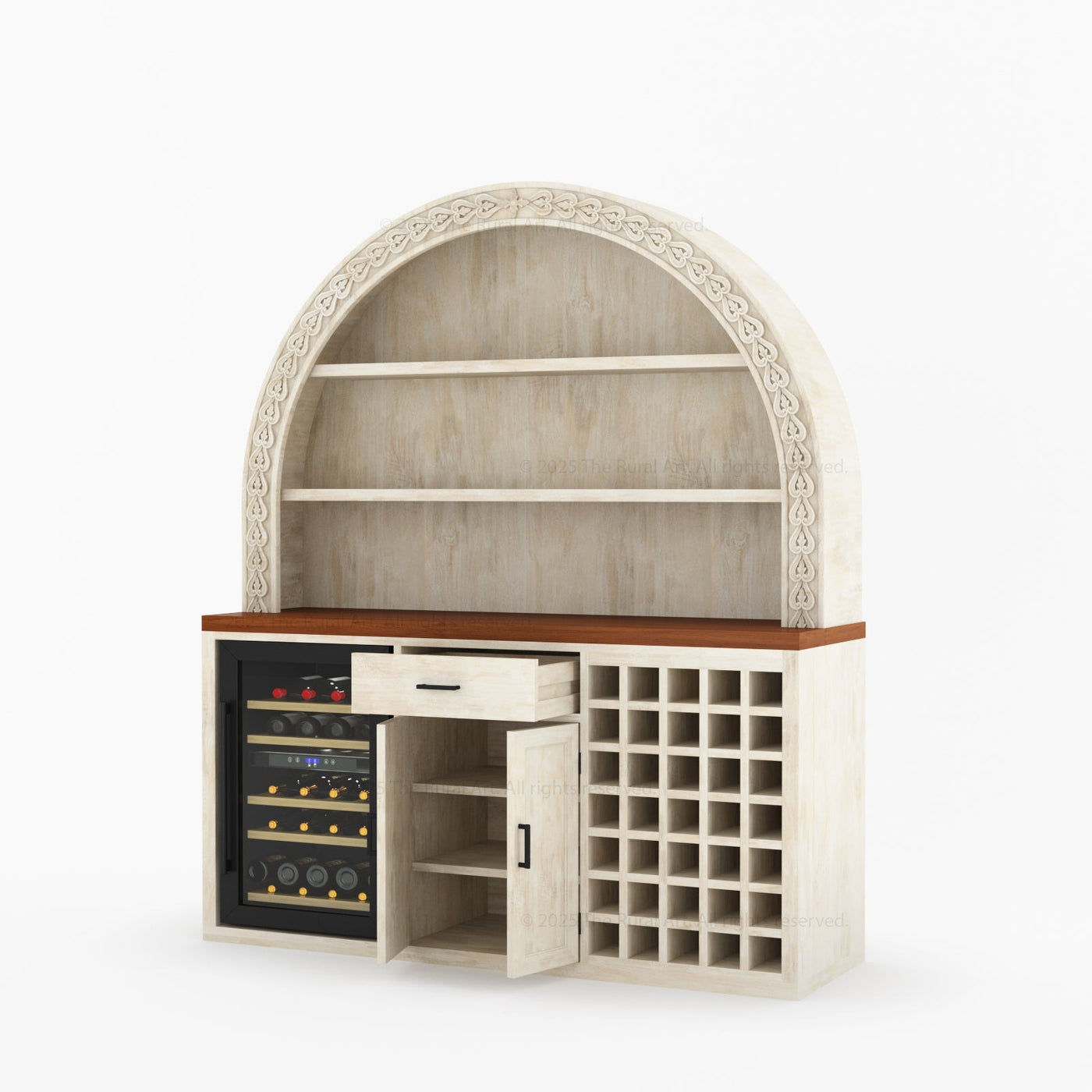 Napa Arched Solid Wood Large Bar Cabinet with Open Shelves and Fridge Space - detail view 14