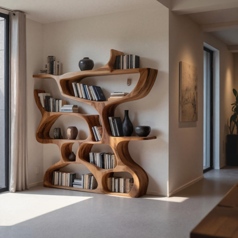 Modern Bookshelf with Organic Carved Design for Living Room or Office