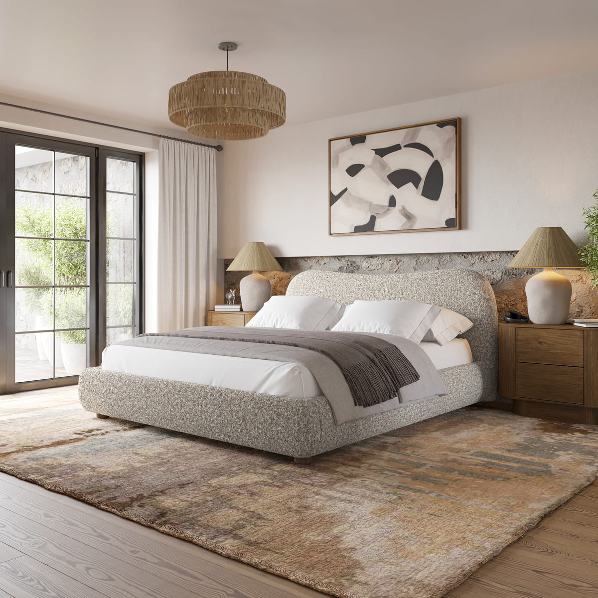 Oliver Bed - Curved Boucle Upholstered