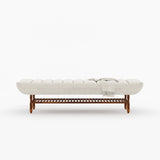 Jasper Boucle Upholstered Bedroom Bench with Turned Wood Legs & Slatted Shelf