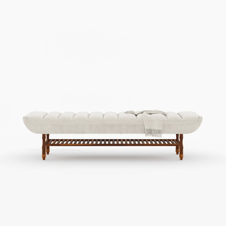 Jasper Boucle Upholstered Bedroom Bench with Turned Wood Legs & Slatted Shelf - alternate view