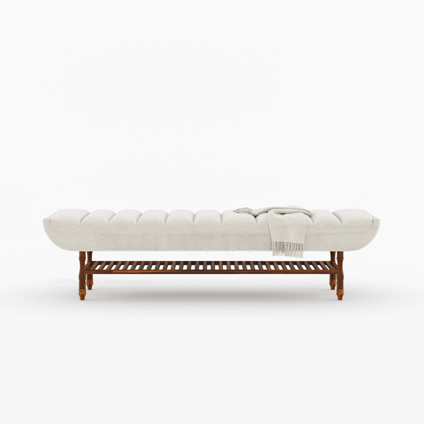 Jasper Boucle Upholstered Bedroom Bench with Turned Wood Legs & Slatted Shelf - alternate view