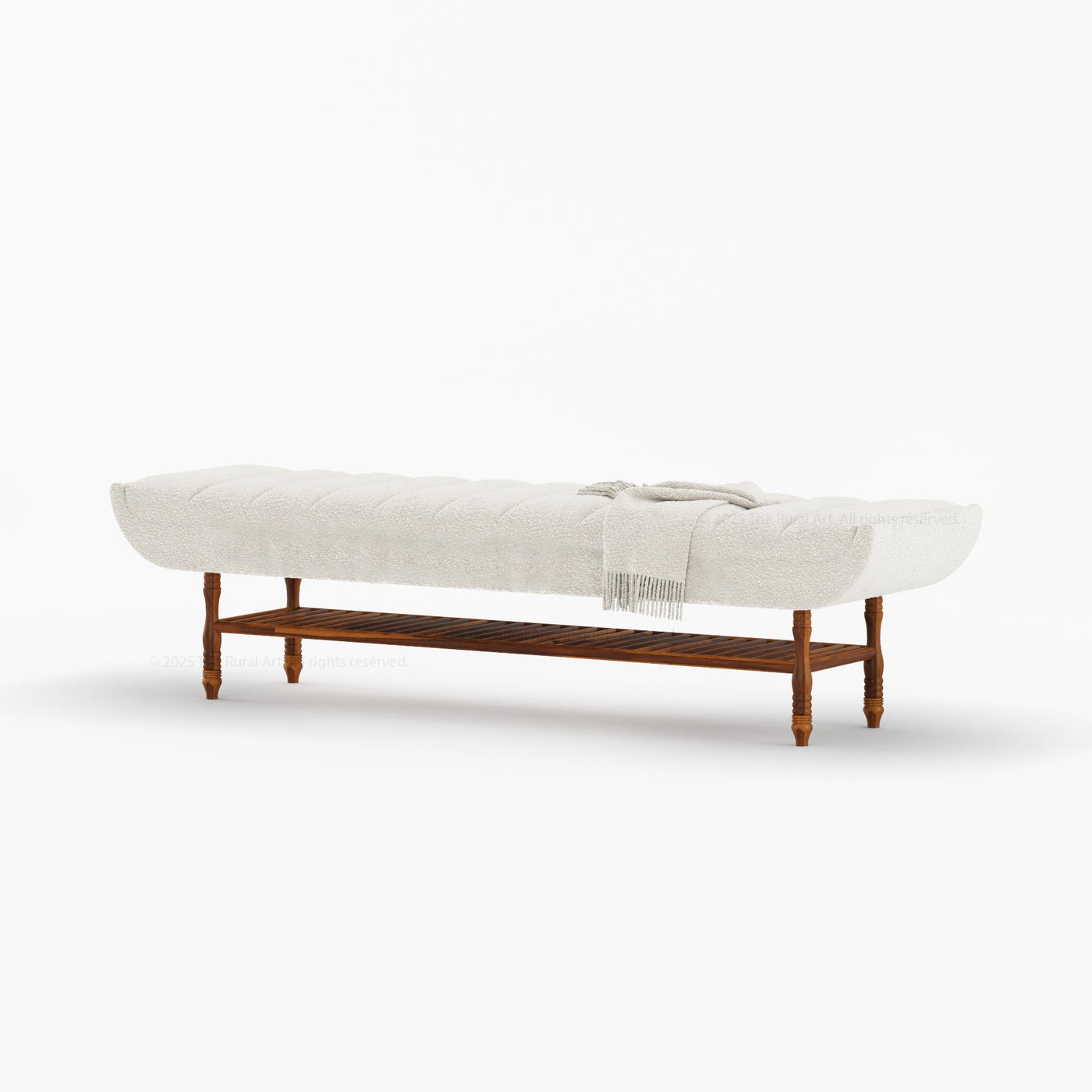Jasper Boucle Upholstered Bedroom Bench with Turned Wood Legs & Slatted Shelf - detail view 3