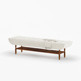 Jasper Boucle Upholstered Bedroom Bench with Turned Wood Legs & Slatted Shelf