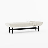 Jasper Boucle Upholstered Bedroom Bench with Turned Wood Legs & Slatted Shelf