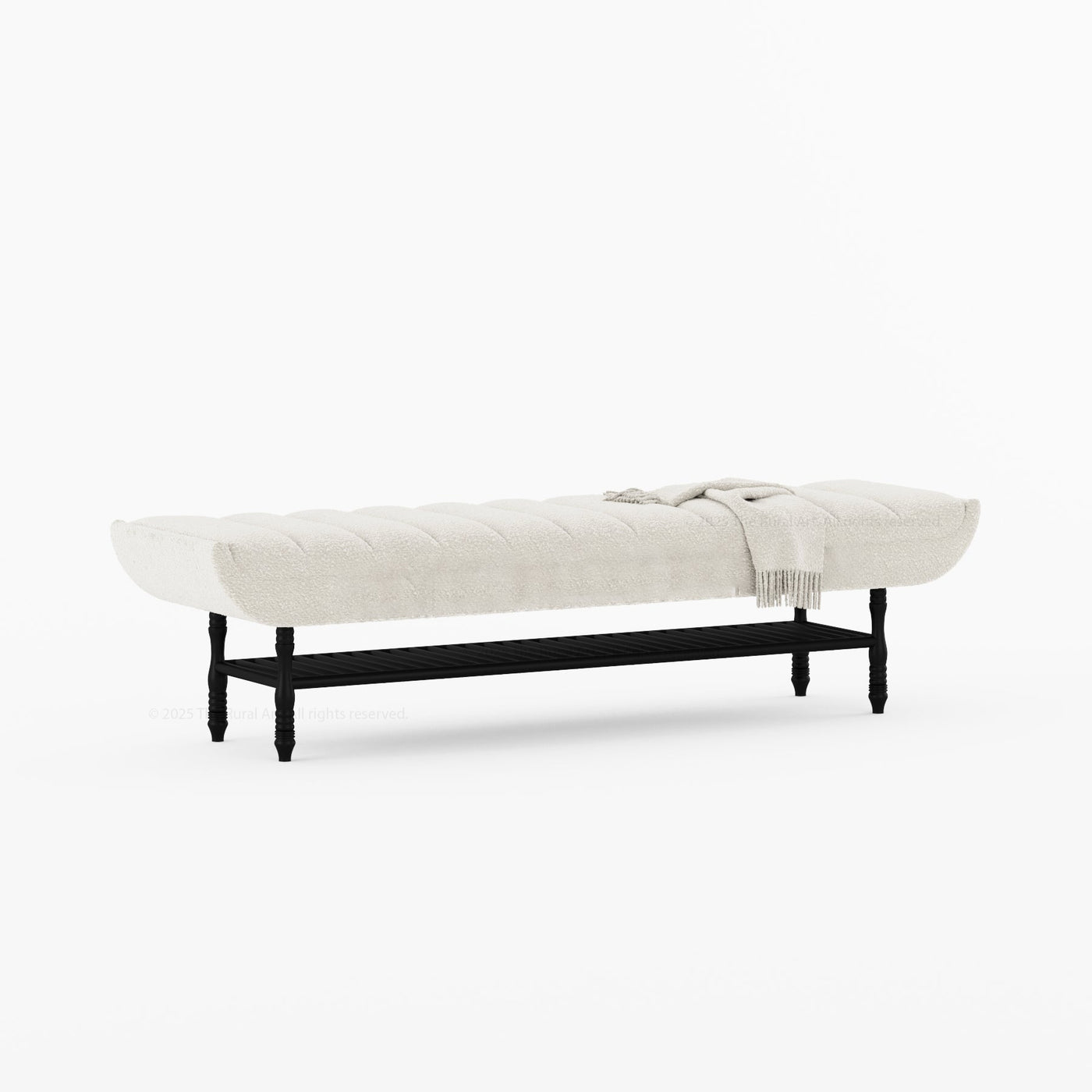 Jasper Boucle Upholstered Bedroom Bench with Turned Wood Legs & Slatted Shelf - detail view 5