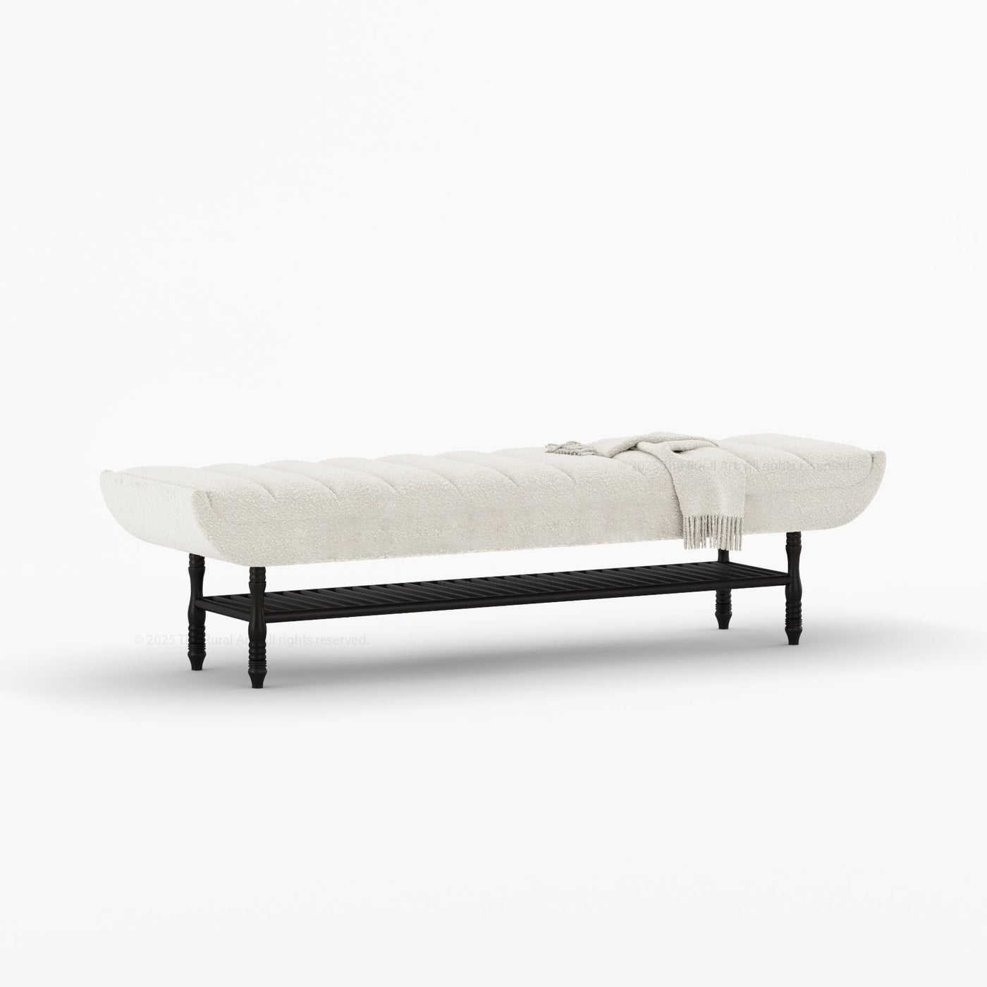 Jasper Boucle Upholstered Bedroom Bench with Turned Wood Legs & Slatted Shelf - detail view 6