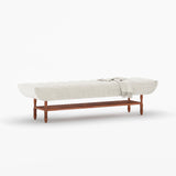 Jasper Boucle Upholstered Bedroom Bench with Turned Wood Legs & Slatted Shelf