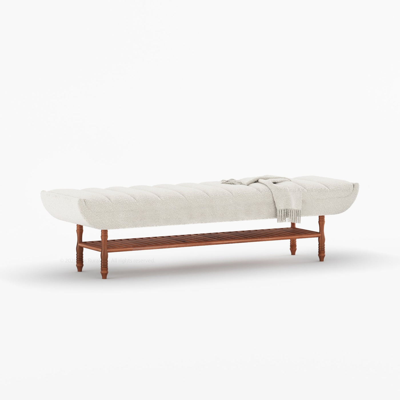 Jasper Boucle Upholstered Bedroom Bench with Turned Wood Legs & Slatted Shelf - detail view 7