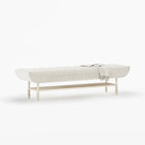 Jasper Boucle Upholstered Bedroom Bench with Turned Wood Legs & Slatted Shelf
