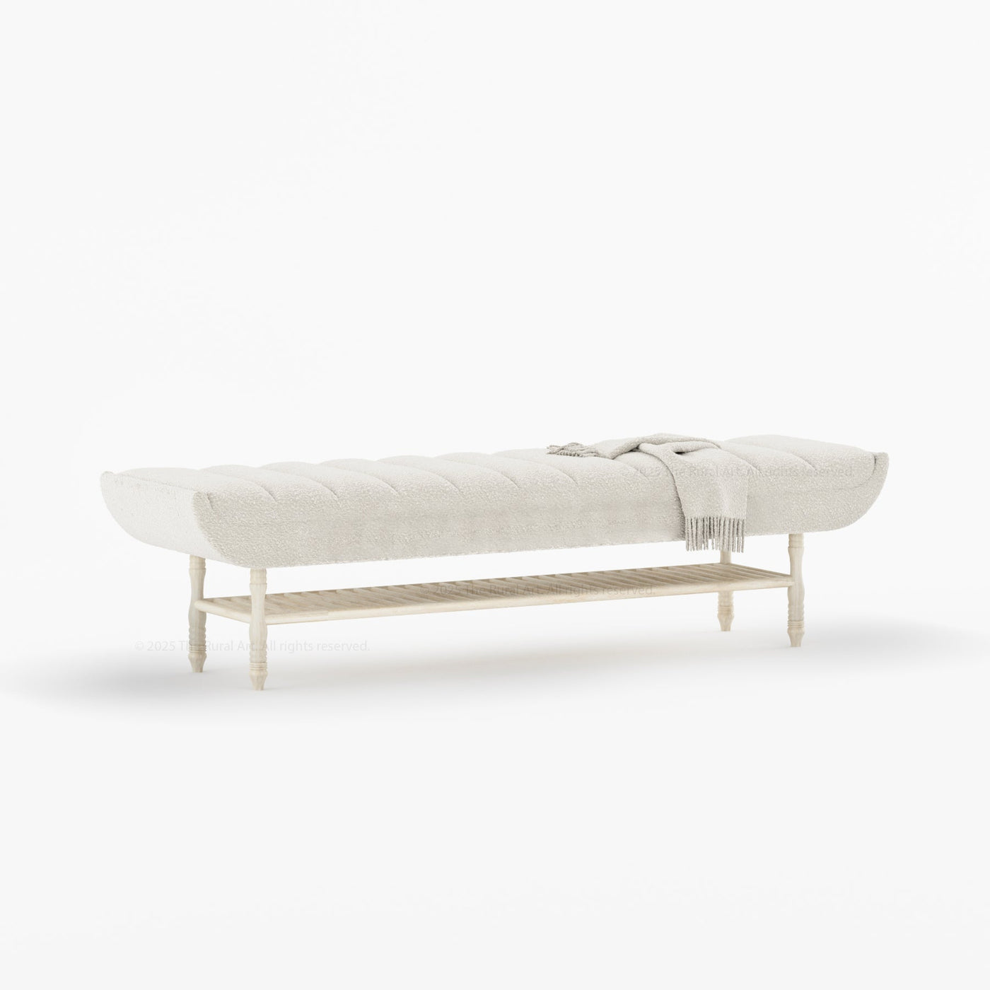 Jasper Boucle Upholstered Bedroom Bench with Turned Wood Legs & Slatted Shelf - detail view 8
