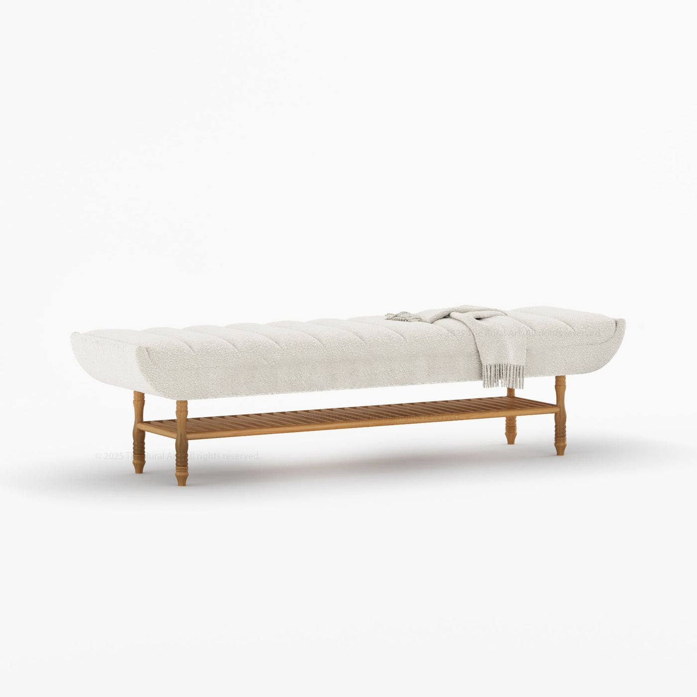 Jasper Boucle Upholstered Bedroom Bench with Turned Wood Legs & Slatted Shelf - detail view 9