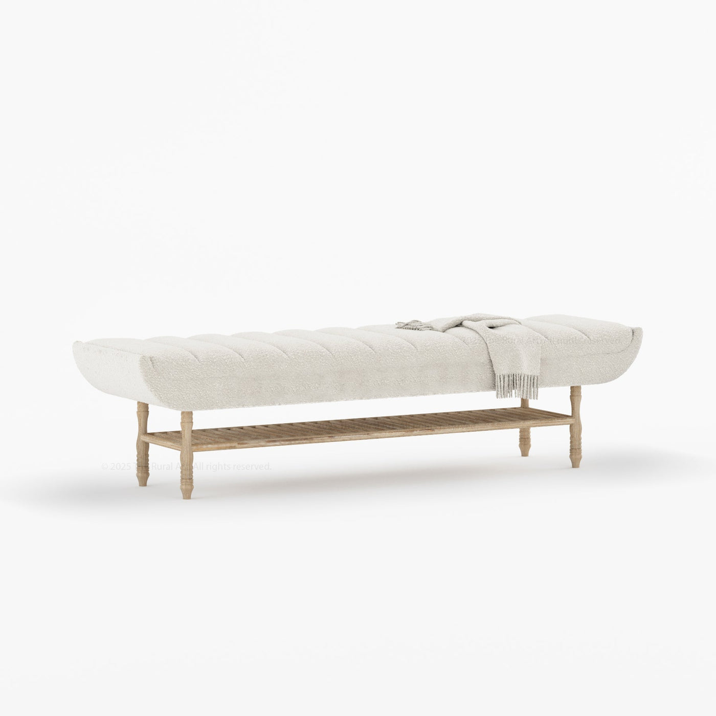 Jasper Boucle Upholstered Bedroom Bench with Turned Wood Legs & Slatted Shelf - detail view 10