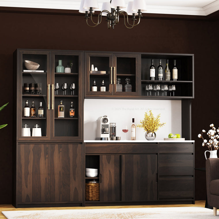 Girtin Solid Wood Wine & Coffee Bar Hutch with White Quartz Countertop - 99” Width