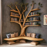 Handmade Pine Tree Branch Floating Corner Shelf with Bench