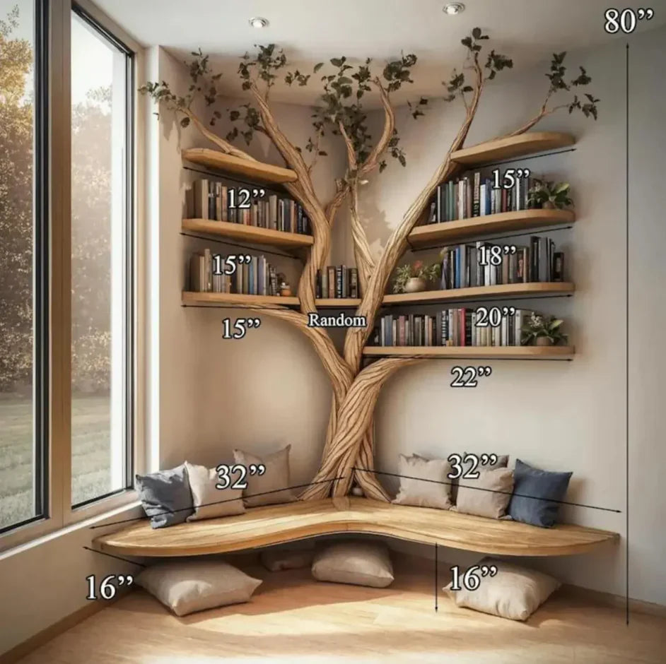 Handmade Pine Tree Branch Floating Corner Shelf with Bench - detail view 3