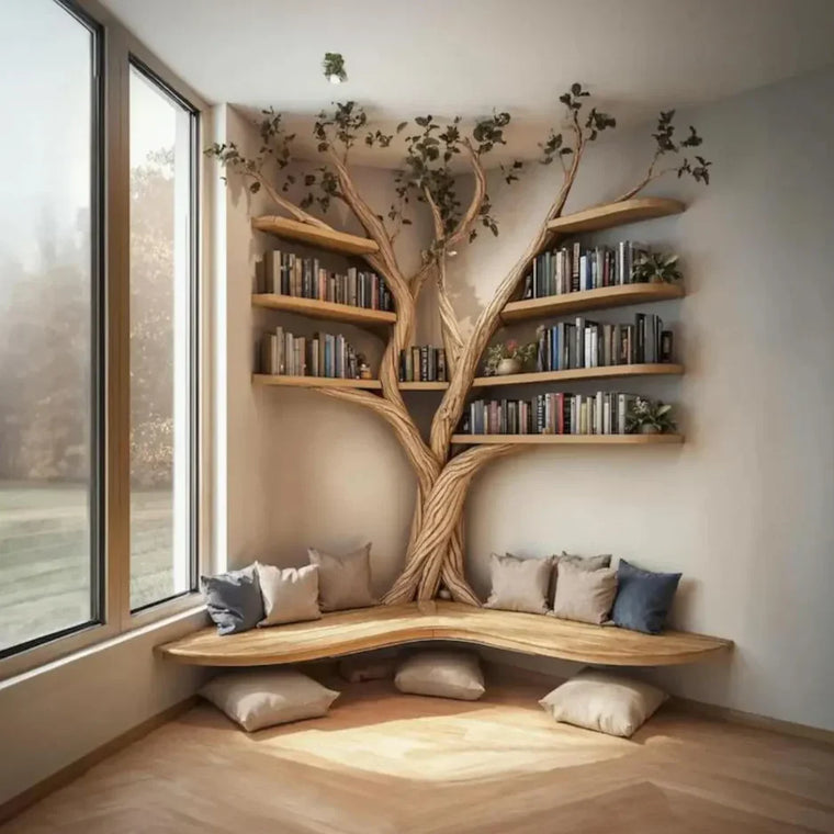 Handmade Pine Tree Branch Floating Corner Shelf with Bench - alternate view