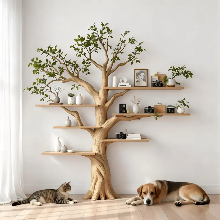 Custom Hanging Oak Tree-Shaped Bookshelf