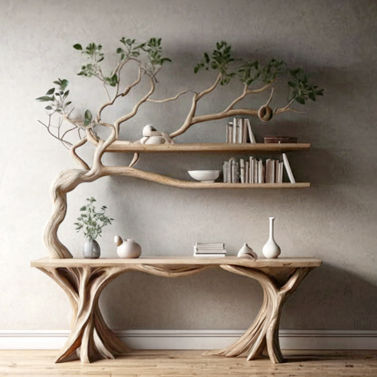 Handmade Rustic Console Table with Tree Branch Bookshelf - Live Edge Farmhouse Entryway Table - Natural Wood
