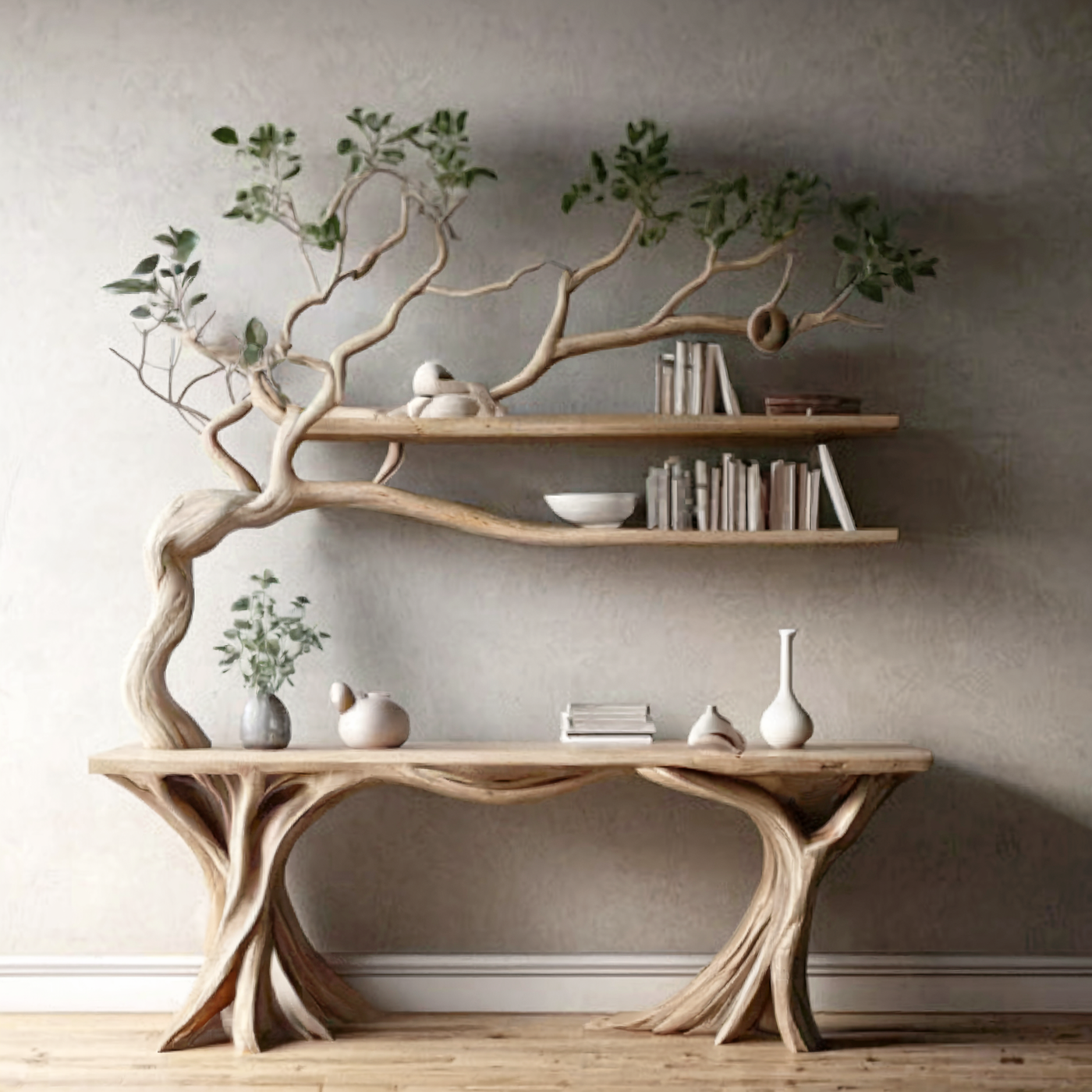 Handmade Rustic Console Table with Tree Branch Bookshelf - Live Edge Farmhouse Entryway Table - Natural Wood