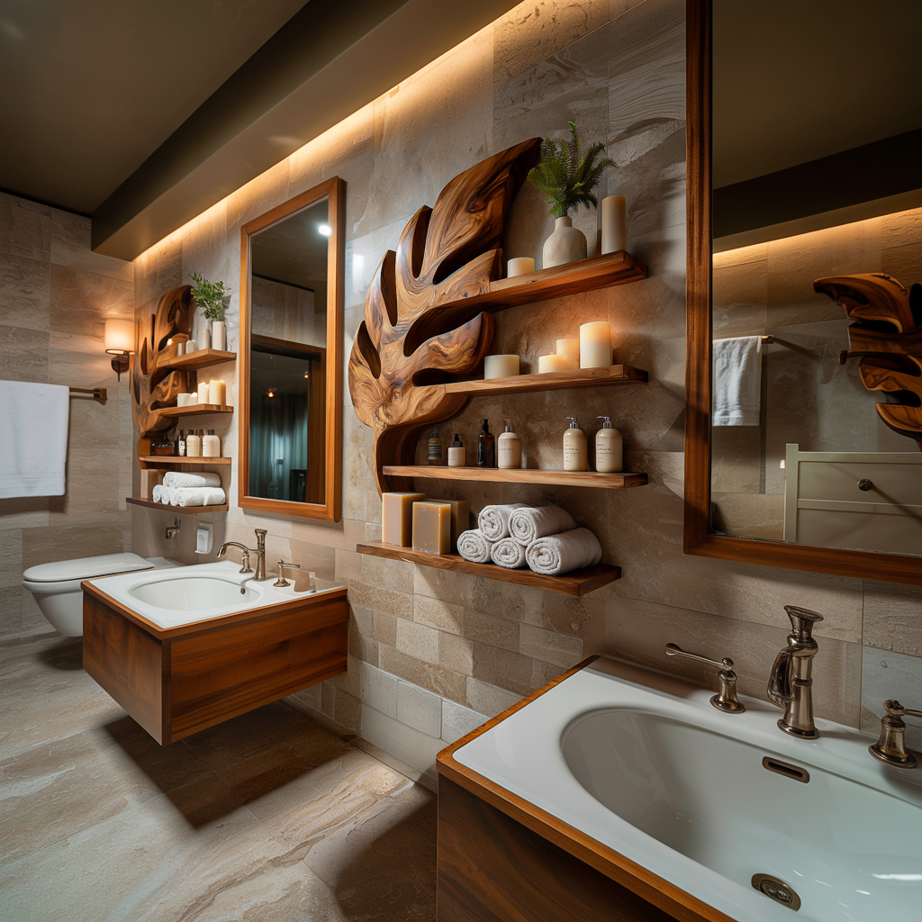 Modern Wooden Leaf Bathroom Shelf for Bathroom Interior - detail view 4