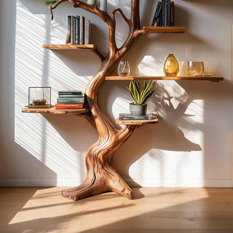 Decorative Tree Trunk Bookshelf - Large Wall - Mounted Wooden Sculpture - Rustic Display Shelf - alternate view