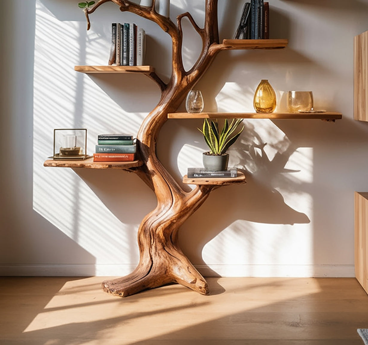 Decorative Tree Trunk Bookshelf - Large Wall - Mounted Wooden Sculpture - Rustic Display Shelf - alternate view
