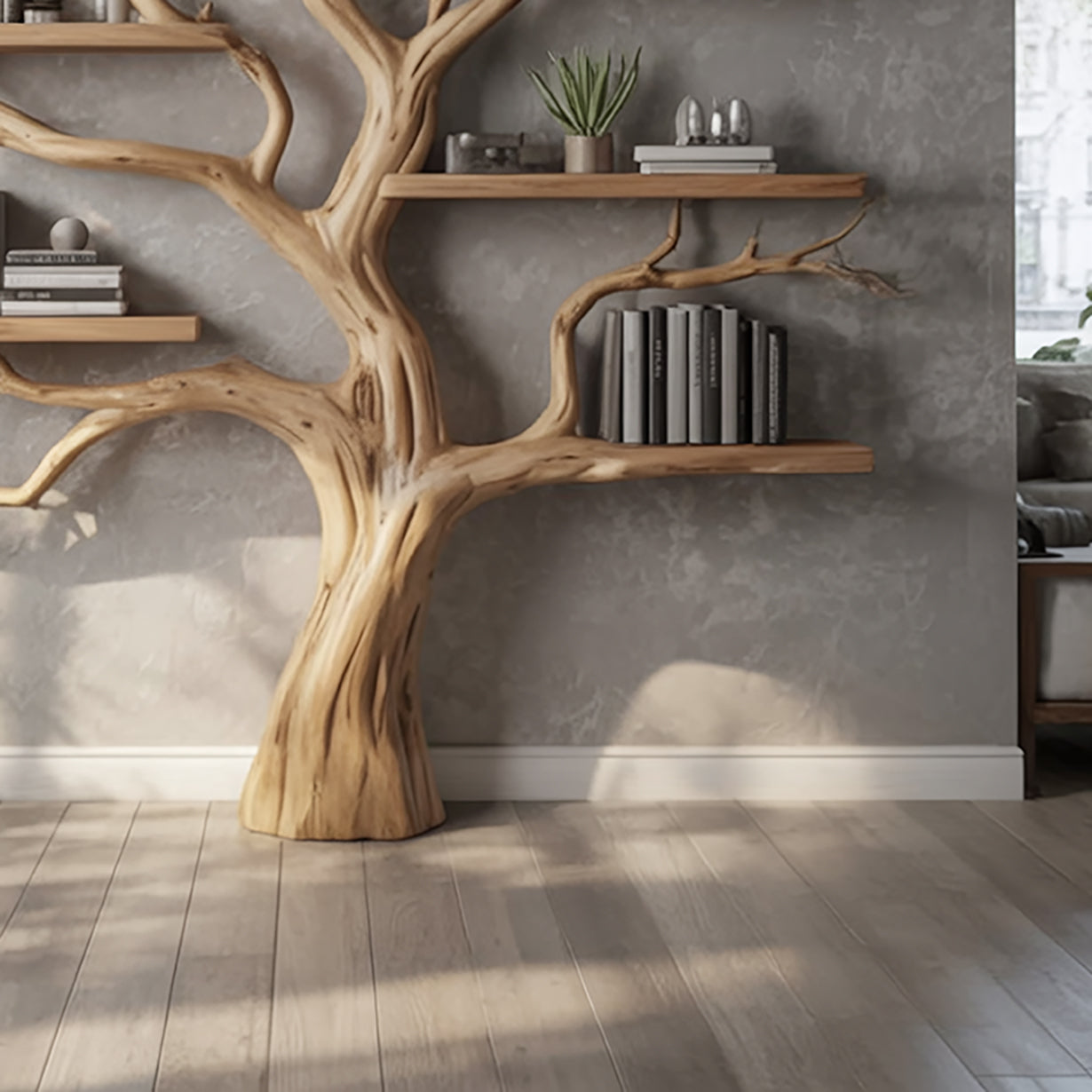 Handcrafted Tree Branch Bookshelf - Natural Wood Floating Shelves - Artistic Wall Decor - detail view 3