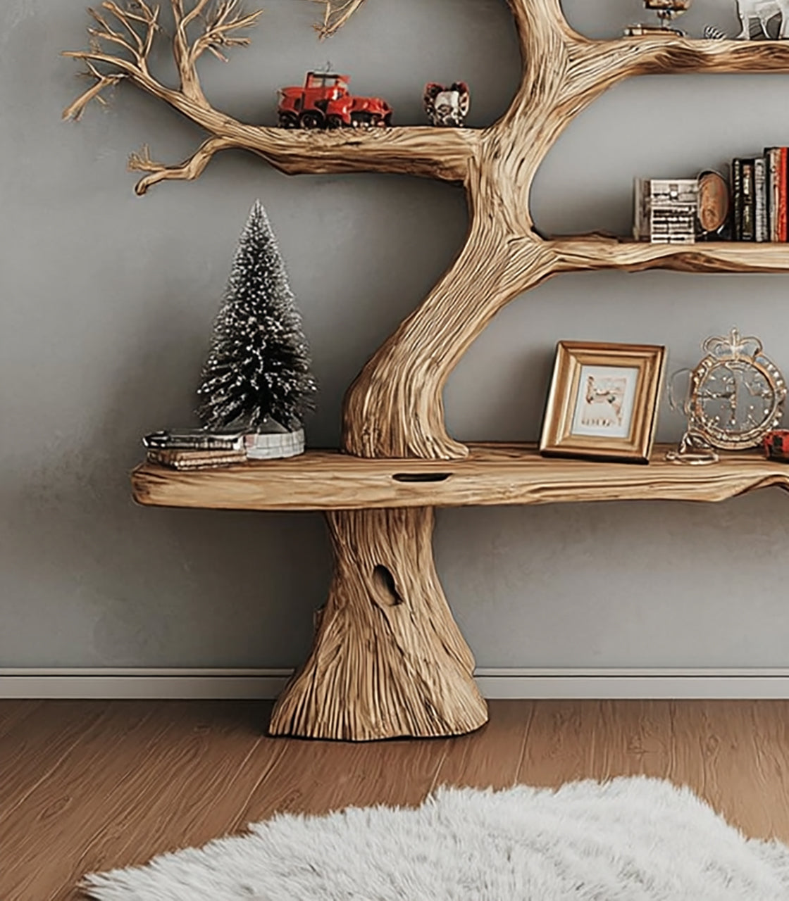 Rustic Tree Shaped Wooden Bookshelf with Branch Design for Living Room or Home Library - alternate view