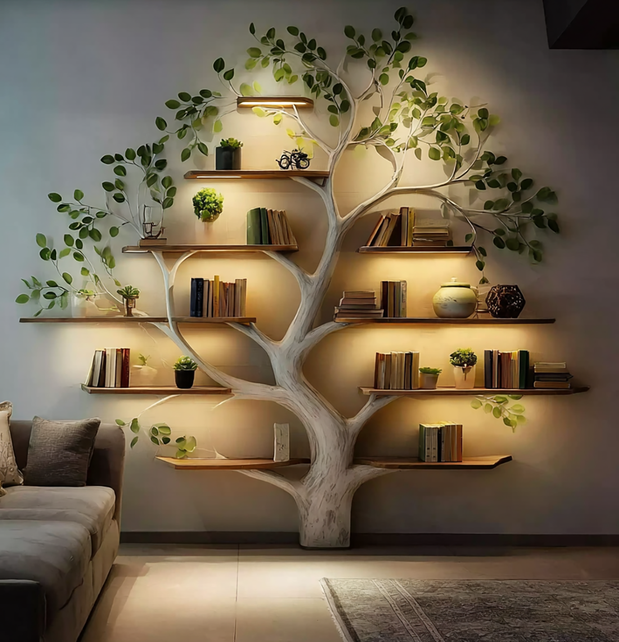 Handmade Wooden Tree Bookshelf - Natural Wood Wall Bookcase