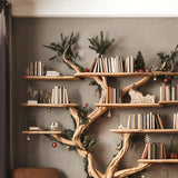 Rustic Tree Shaped Wooden Bookshelf with Branch Design for Living Room or Home Library