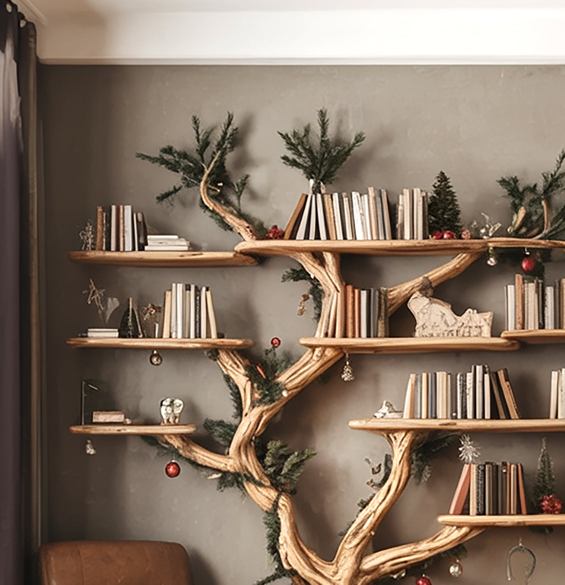 Rustic Tree Shaped Wooden Bookshelf with Branch Design for Living Room or Home Library - alternate view