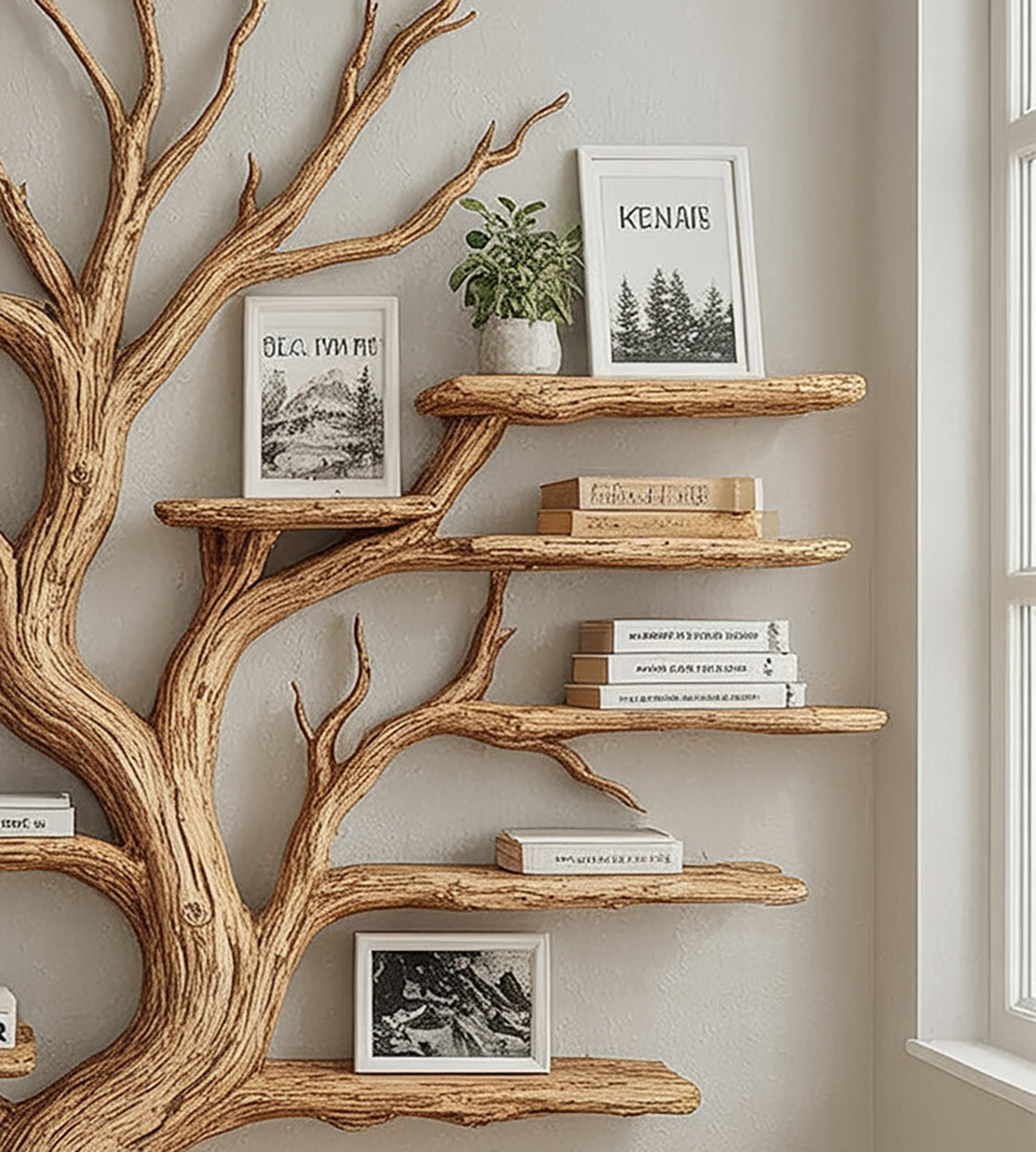 Rustic Tree Shaped Wooden Bookshelf with Branch Design for Living Room or Home Library - alternate view