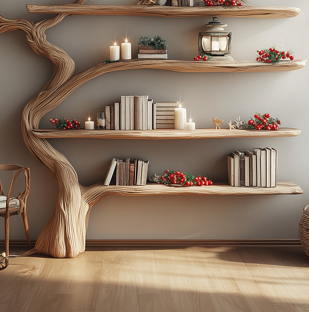Handcrafted Tree Bookshelf - Rustic Wooden Wall - Mounted Bookcase for Home Decor - detail view 3