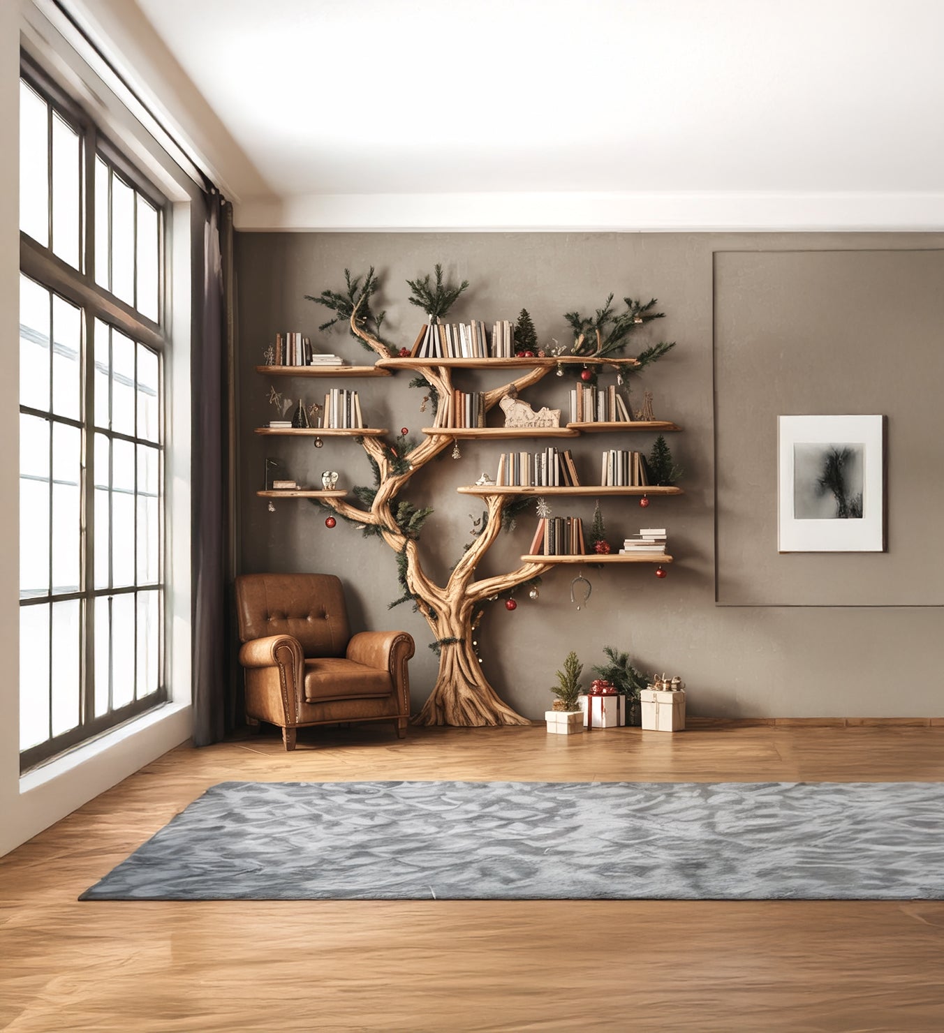Rustic Tree Shaped Wooden Bookshelf with Branch Design for Living Room or Home Library - detail view 3