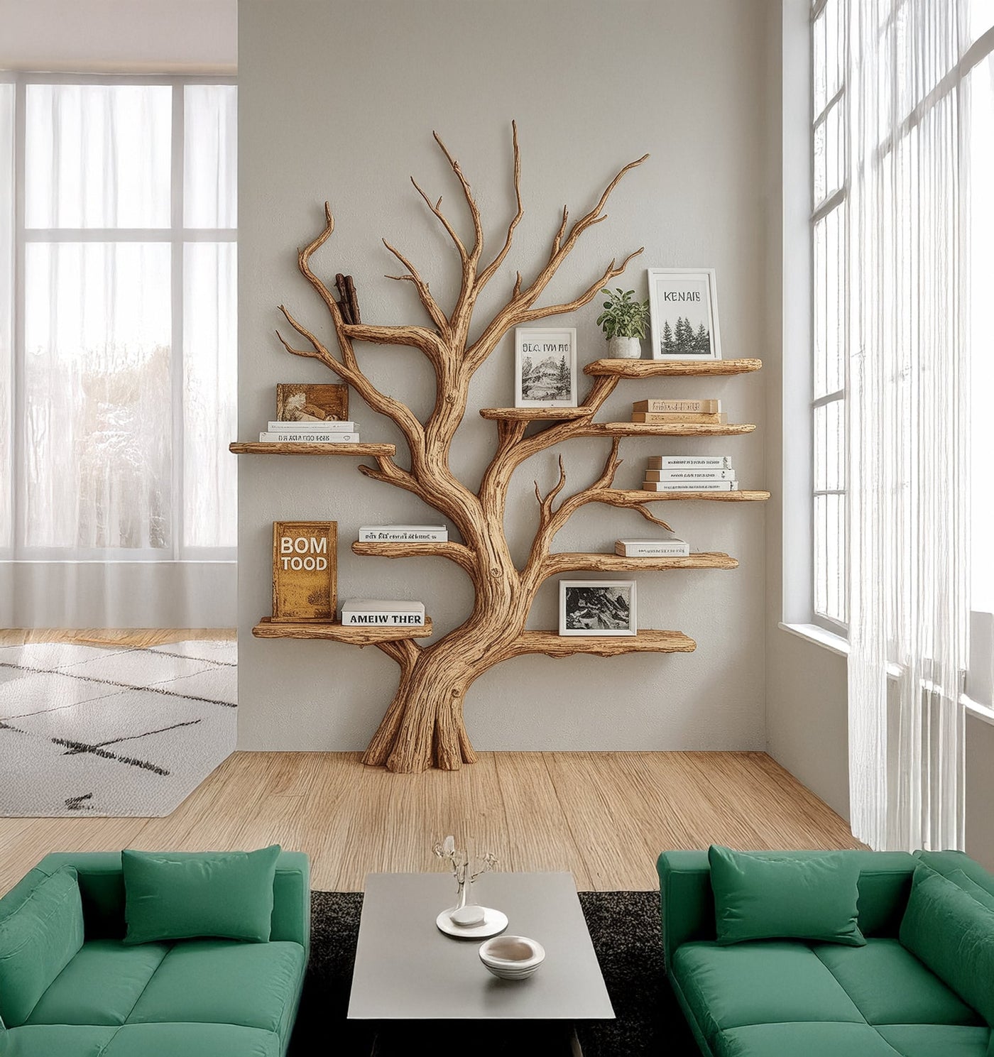 Rustic Tree Shaped Wooden Bookshelf with Branch Design for Living Room or Home Library - detail view 3