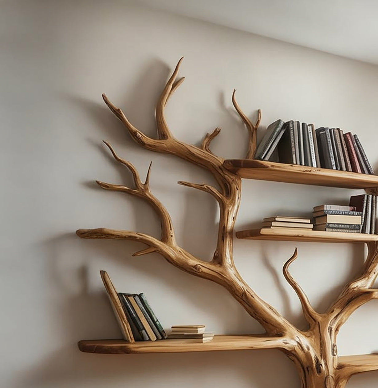 Handcrafted Tree Branch Bookshelf: Custom Wall - Mounted Floating Shelf - alternate view