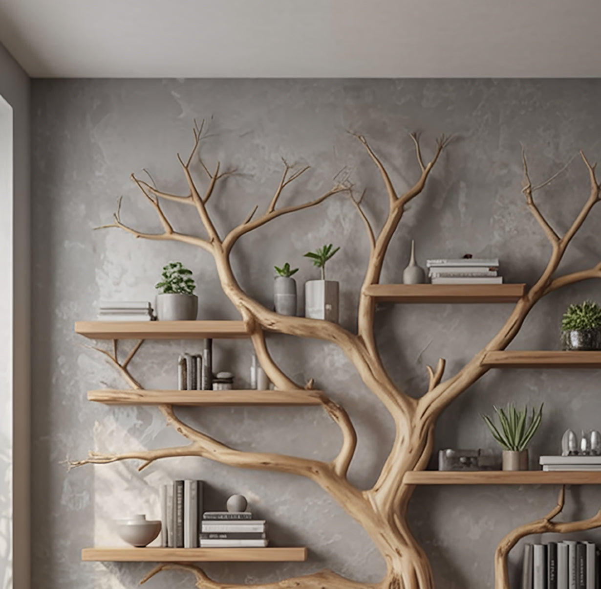 Handcrafted Tree Branch Bookshelf - Natural Wood Floating Shelves - Artistic Wall Decor - alternate view