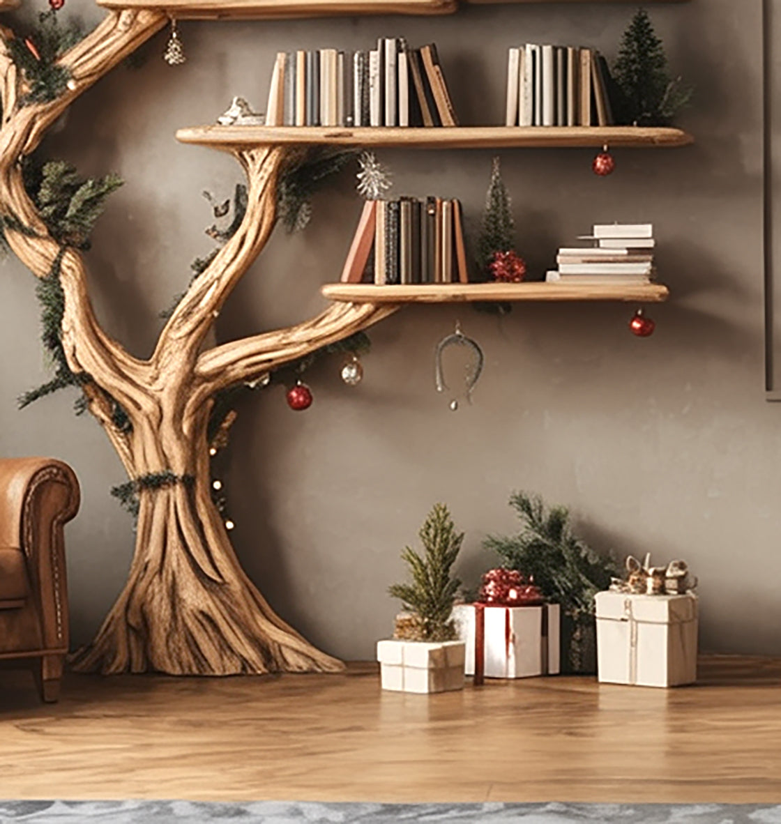 Rustic Tree Shaped Wooden Bookshelf with Branch Design for Living Room or Home Library - detail view 4