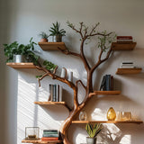 Decorative Tree Trunk Bookshelf - Large Wall - Mounted Wooden Sculpture - Rustic Display Shelf