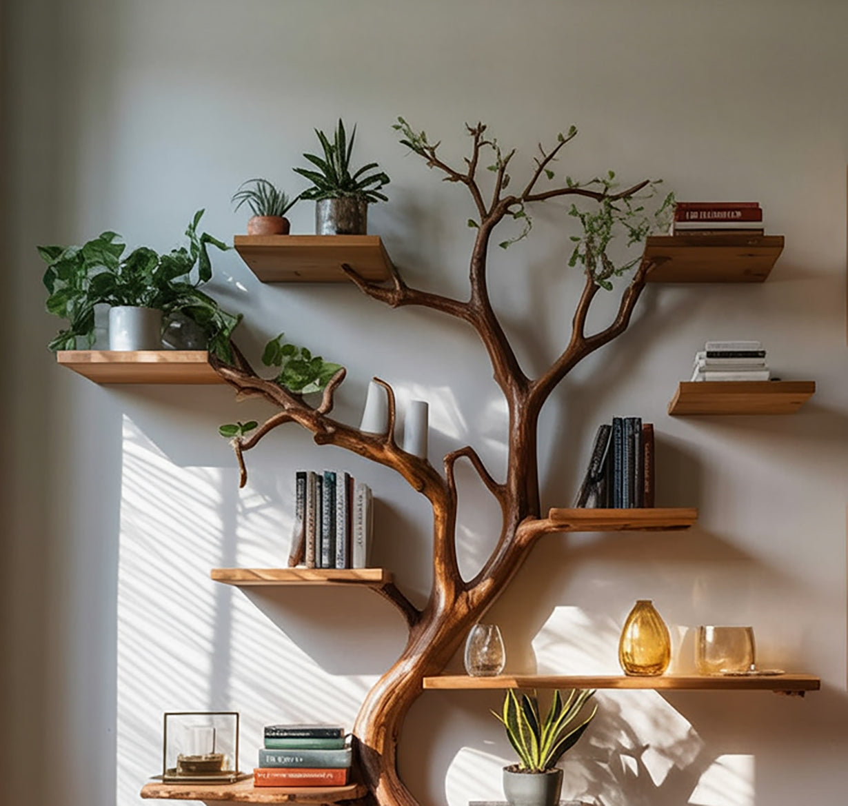 Decorative Tree Trunk Bookshelf - Large Wall - Mounted Wooden Sculpture - Rustic Display Shelf - detail view 3